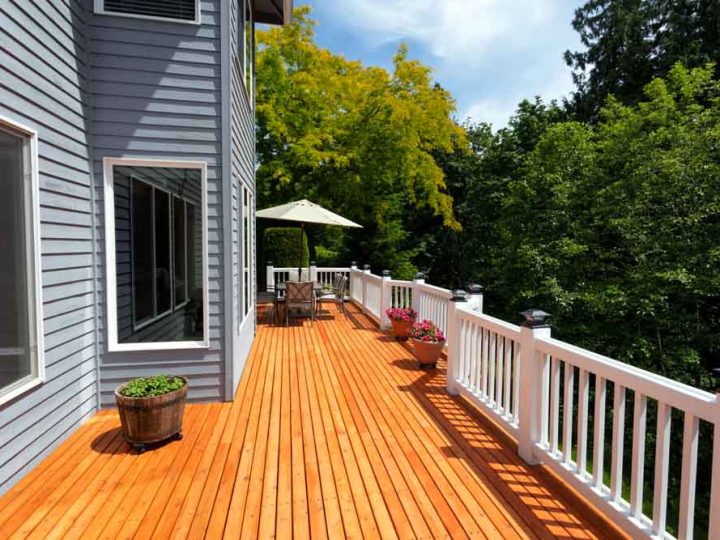 New red cedar outdoor wooden deck during nice weather